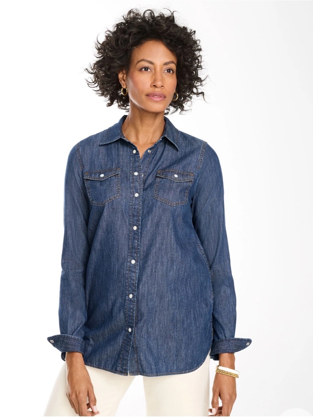 Talbots Classy Casual Caspian Blue Denim Button-Front Shirt XL 100% Cotton